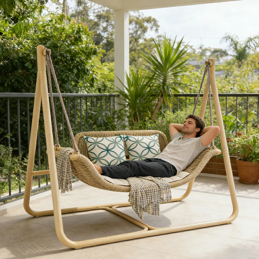 SOLARA Outdoor Hanging Double Swing Chair Wood Grain Aluminium Frame PE Rattan Seat for Garden Patio Balcony - Khaki