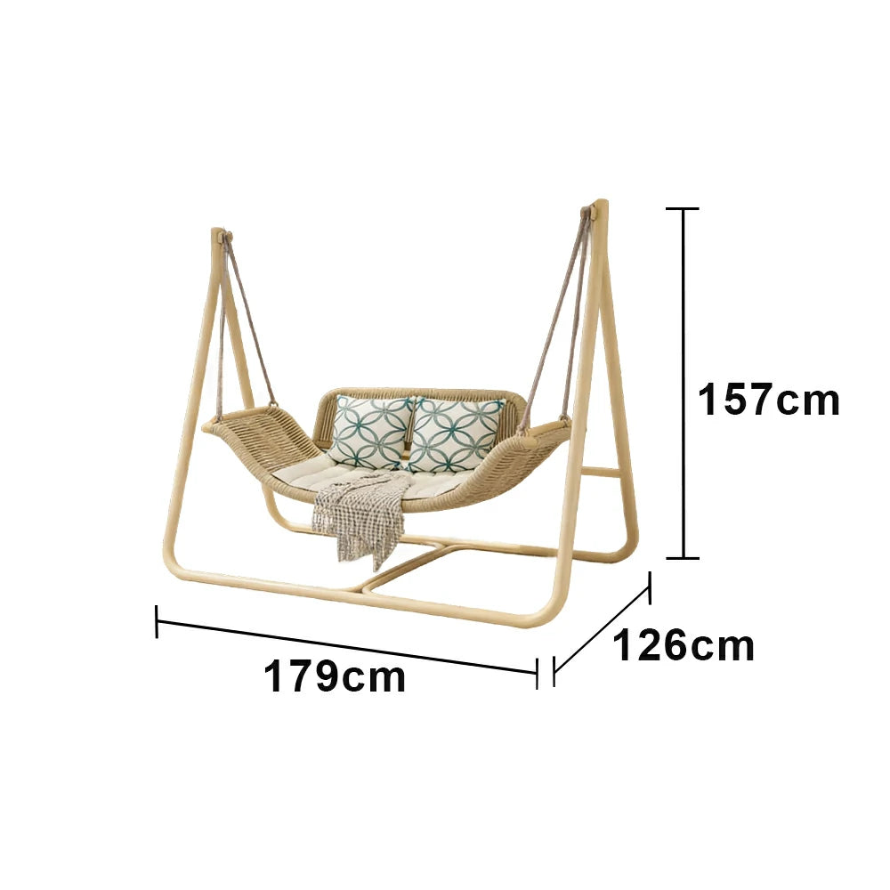 SOLARA Outdoor Hanging Double Swing Chair Wood Grain Aluminium Frame PE Rattan Seat for Garden Patio Balcony - Khaki