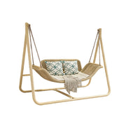 SOLARA Outdoor Hanging Double Swing Chair Wood Grain Aluminium Frame PE Rattan Seat for Garden Patio Balcony - Khaki