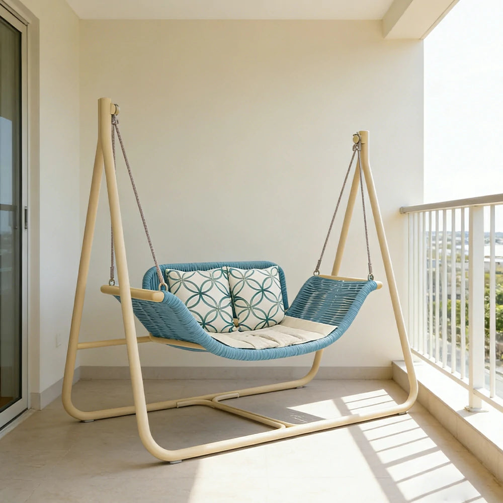 SOLARA Outdoor Hanging Double Swing Chair Wood Grain Aluminium Frame PE Rattan Seat for Garden Patio Balcony - Blue