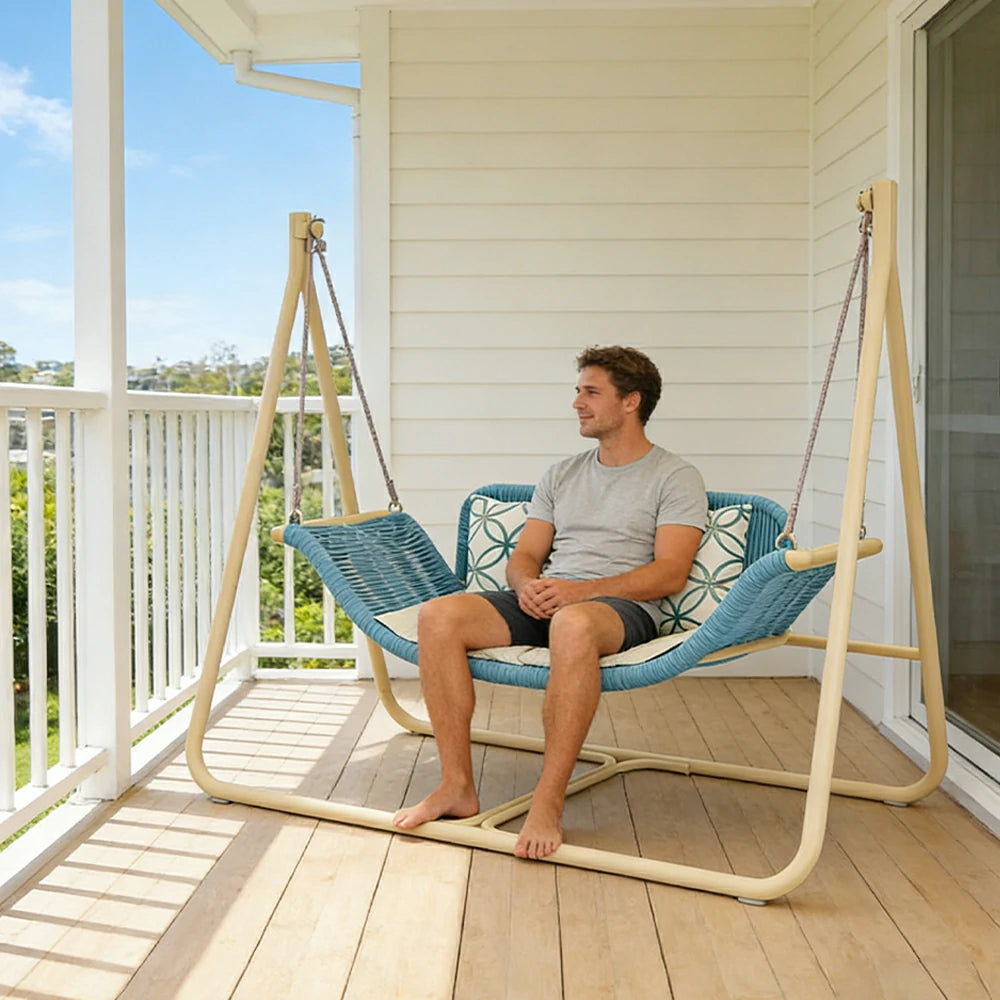 SOLARA Outdoor Hanging Double Swing Chair Wood Grain Aluminium Frame PE Rattan Seat for Garden Patio Balcony - Blue