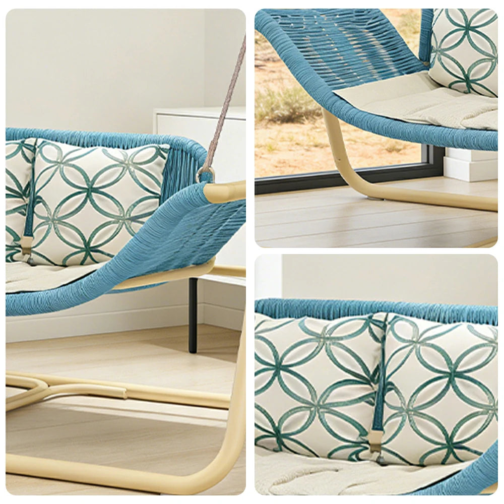 SOLARA Outdoor Hanging Double Swing Chair Wood Grain Aluminium Frame PE Rattan Seat for Garden Patio Balcony - Blue