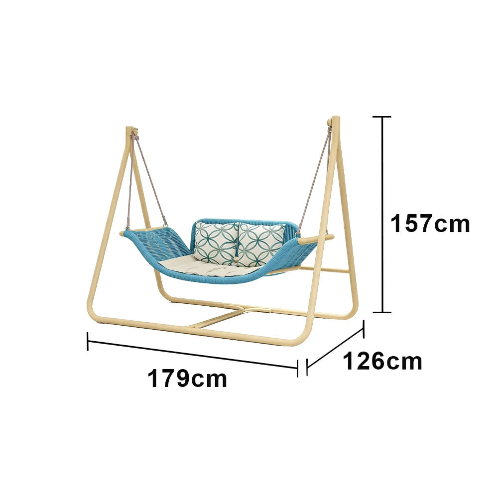 SOLARA Outdoor Hanging Double Swing Chair Wood Grain Aluminium Frame PE Rattan Seat for Garden Patio Balcony - Blue
