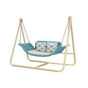 SOLARA Outdoor Hanging Double Swing Chair Wood Grain Aluminium Frame PE Rattan Seat for Garden Patio Balcony - Blue