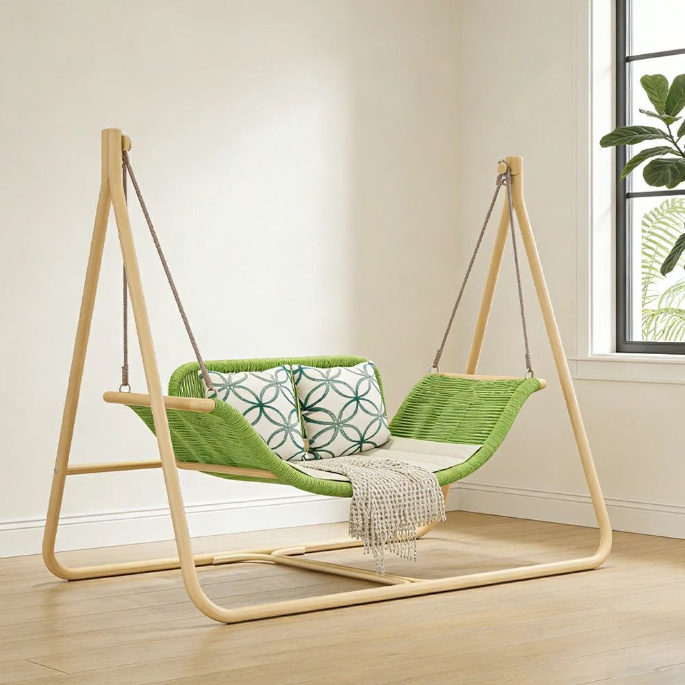 SOLARA Outdoor Hanging Double Swing Chair Wood Grain Aluminium Frame PE Rattan Seat for Garden Patio Balcony - Green