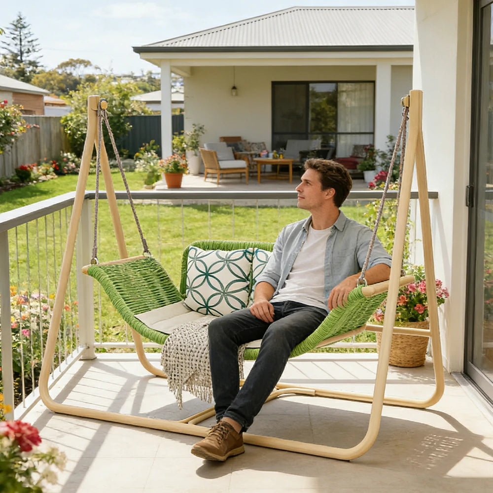 SOLARA Outdoor Hanging Double Swing Chair Wood Grain Aluminium Frame PE Rattan Seat for Garden Patio Balcony - Green