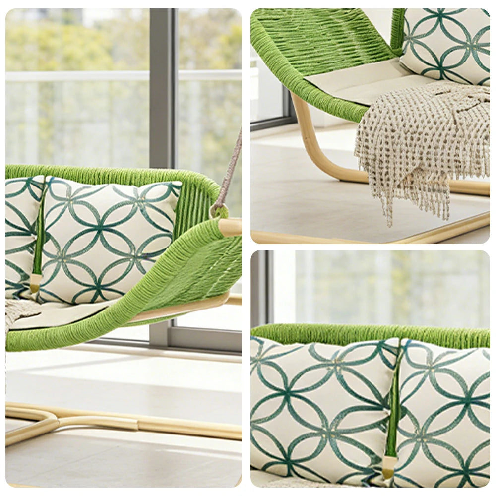 SOLARA Outdoor Hanging Double Swing Chair Wood Grain Aluminium Frame PE Rattan Seat for Garden Patio Balcony - Green