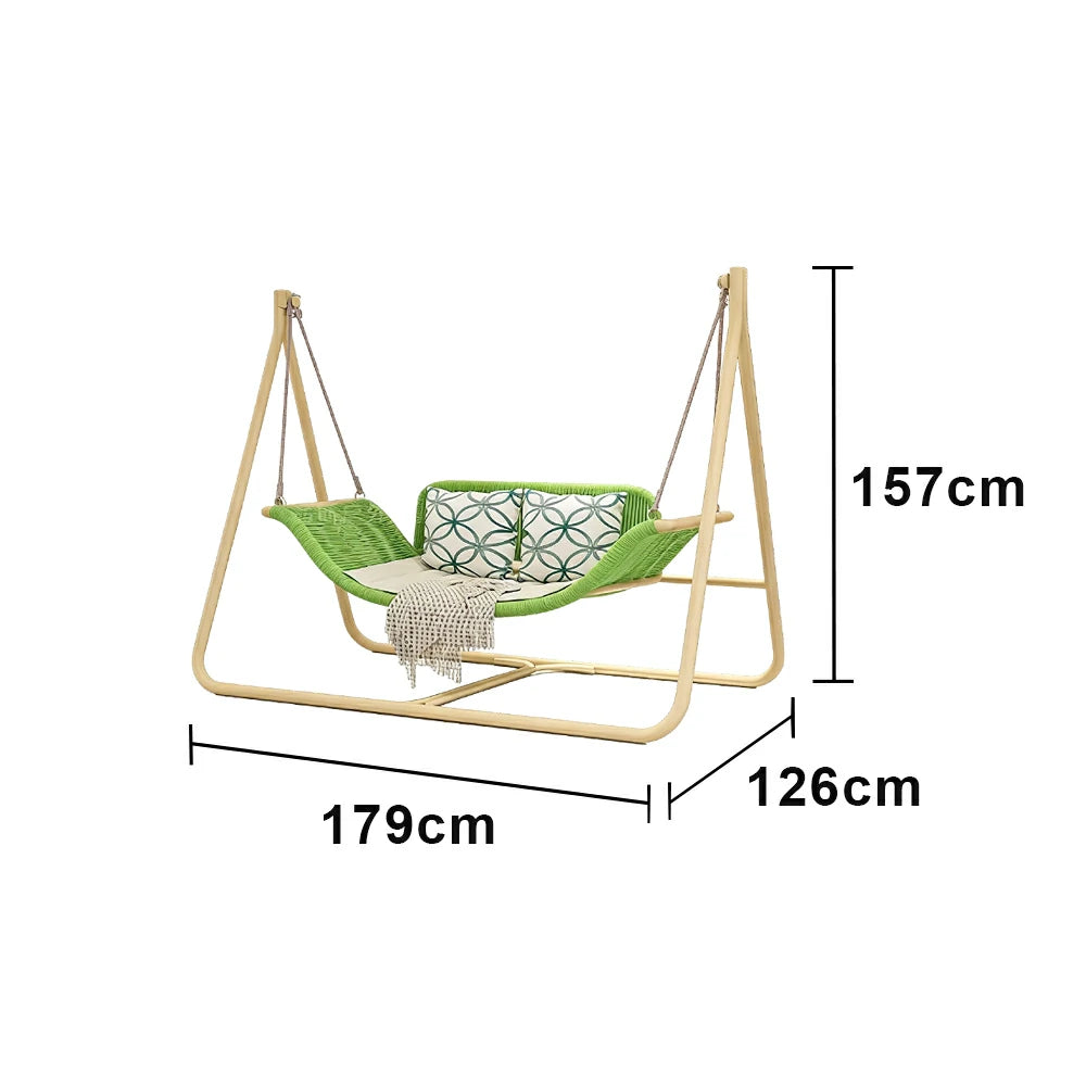 SOLARA Outdoor Hanging Double Swing Chair Wood Grain Aluminium Frame PE Rattan Seat for Garden Patio Balcony - Green