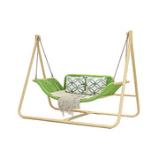 SOLARA Outdoor Hanging Double Swing Chair Wood Grain Aluminium Frame PE Rattan Seat for Garden Patio Balcony - Green