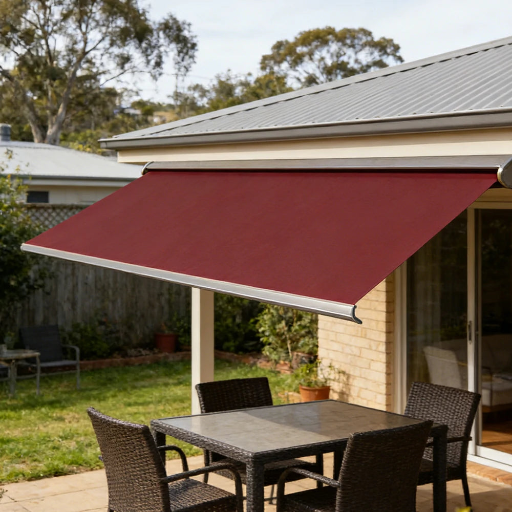 SOLARA Electric Retractable Awning Black Frame Remote Control Waterproof Aluminium 300/400/500cm Patio Balcony Outdoor Use - Wine
