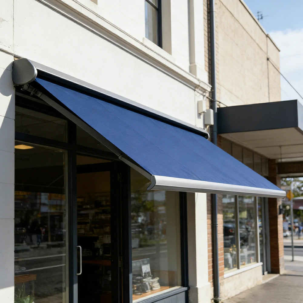 SOLARA Electric Retractable Awning Black Frame Remote Control Waterproof Aluminium 300/400/500cm Patio Balcony Outdoor Use - Dark Blue