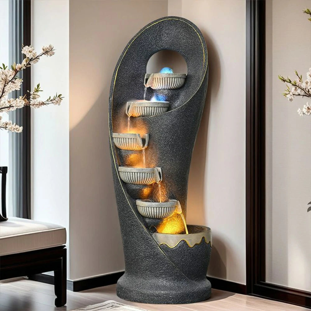 SOLARA Outdoor Water Fountain - Resin Cascading Waterfall, UV-Resistant, Waterproof, Elegant Design with Warm Lighting