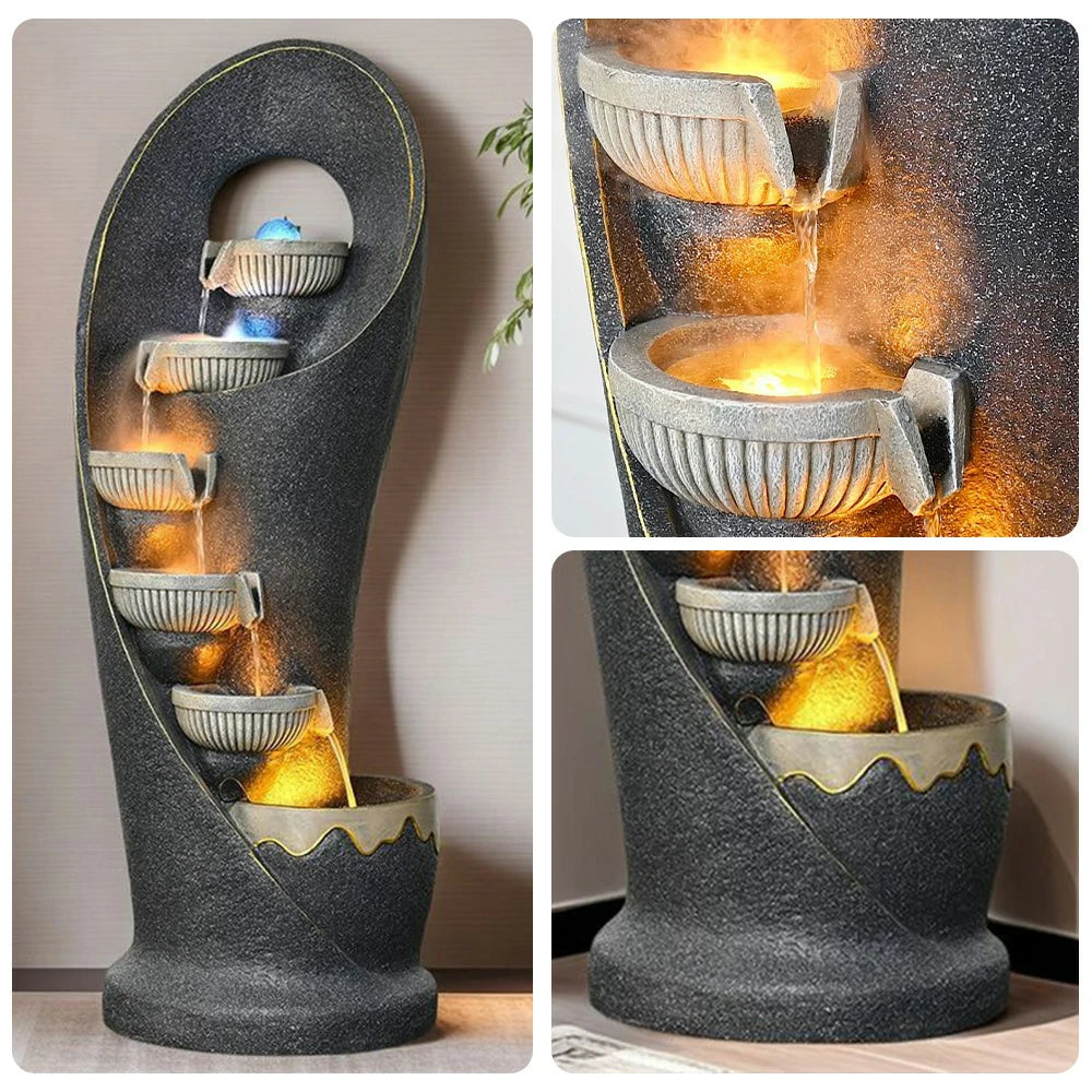 SOLARA Outdoor Water Fountain - Resin Cascading Waterfall, UV-Resistant, Waterproof, Elegant Design with Warm Lighting