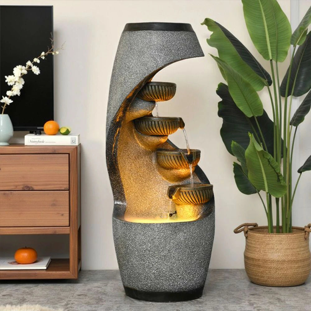 SOLARA Outdoor Water Feature - Resin Cascading Waterfall, UV-Proof, Waterproof, Natural Design with Warm LED Lighting