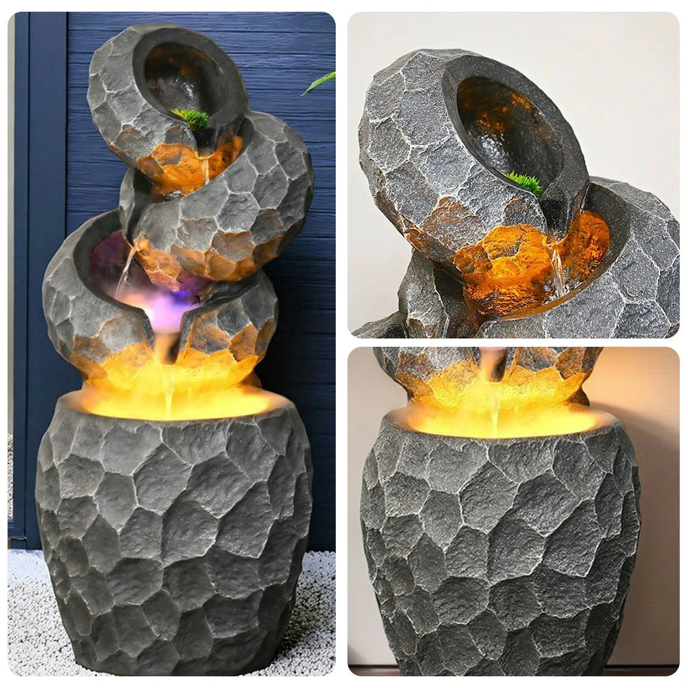 SOLARA Resin Water Fountain - Cascading Waterfall, UV-Resistant, Waterproof, Elegant Lighting, Perfect for Outdoor Decor