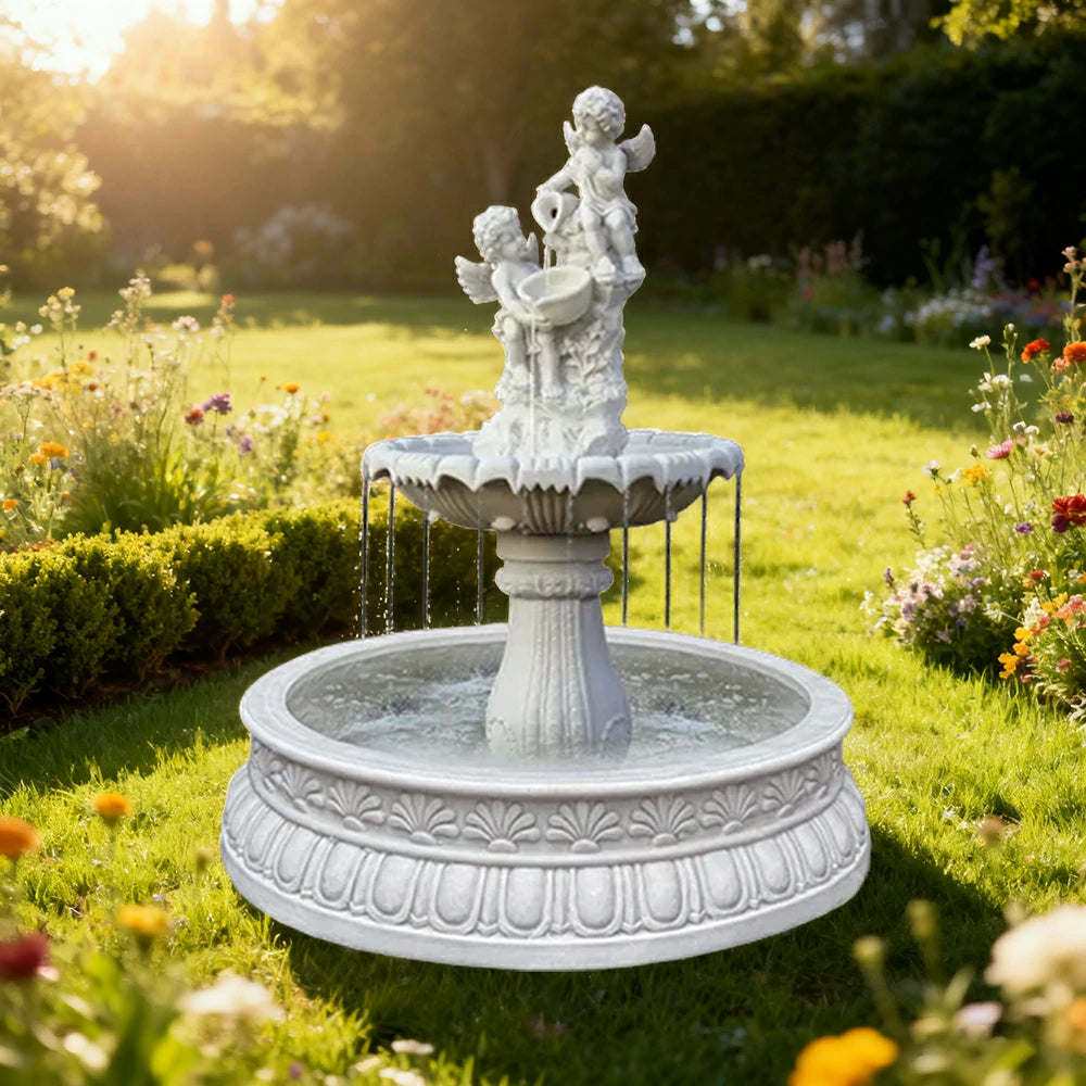 SOLARA Natural Sandstone Outdoor Fountain with 1.2m Fish Pond, Built‑In Circulation Pump, Hand‑Polished Texture, Garden Water Feature