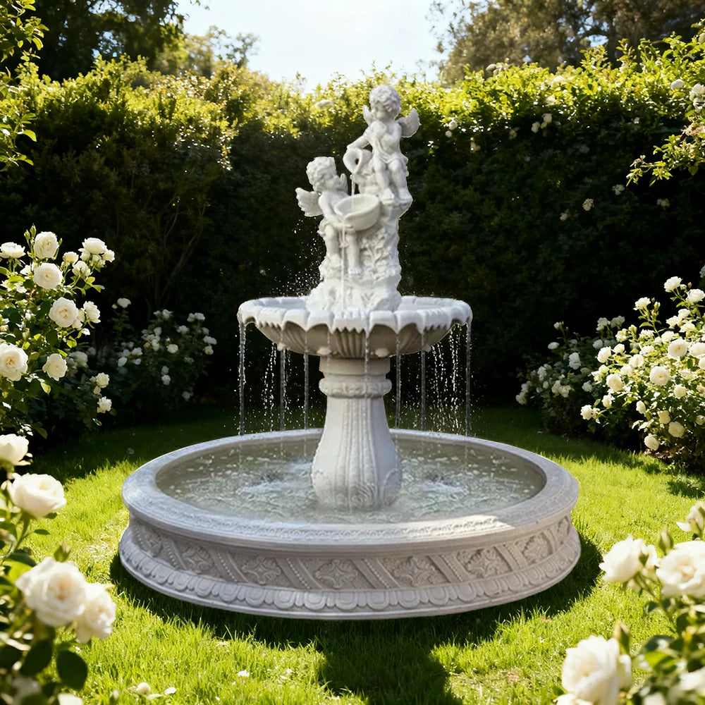 SOLARA Natural Sandstone Outdoor Fountain with 1.5m Fish Pond, Built‑In Circulation Pump, Hand‑Polished Texture, Garden Water Feature