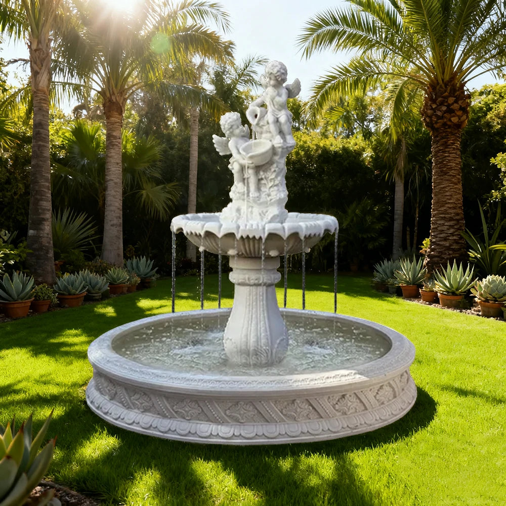 SOLARA Natural Sandstone Outdoor Fountain with 1.5m Fish Pond, Built‑In Circulation Pump, Hand‑Polished Texture, Garden Water Feature