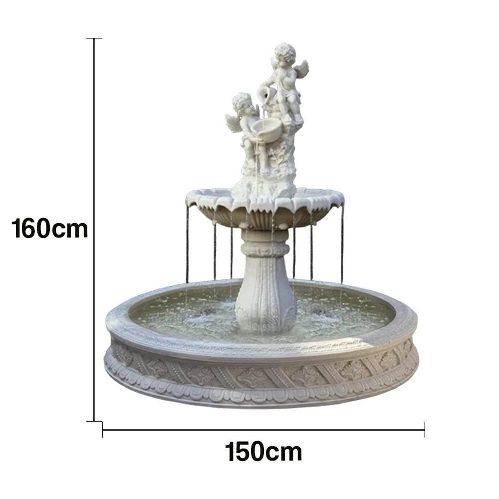 SOLARA Natural Sandstone Outdoor Fountain with 1.5m Fish Pond, Built‑In Circulation Pump, Hand‑Polished Texture, Garden Water Feature