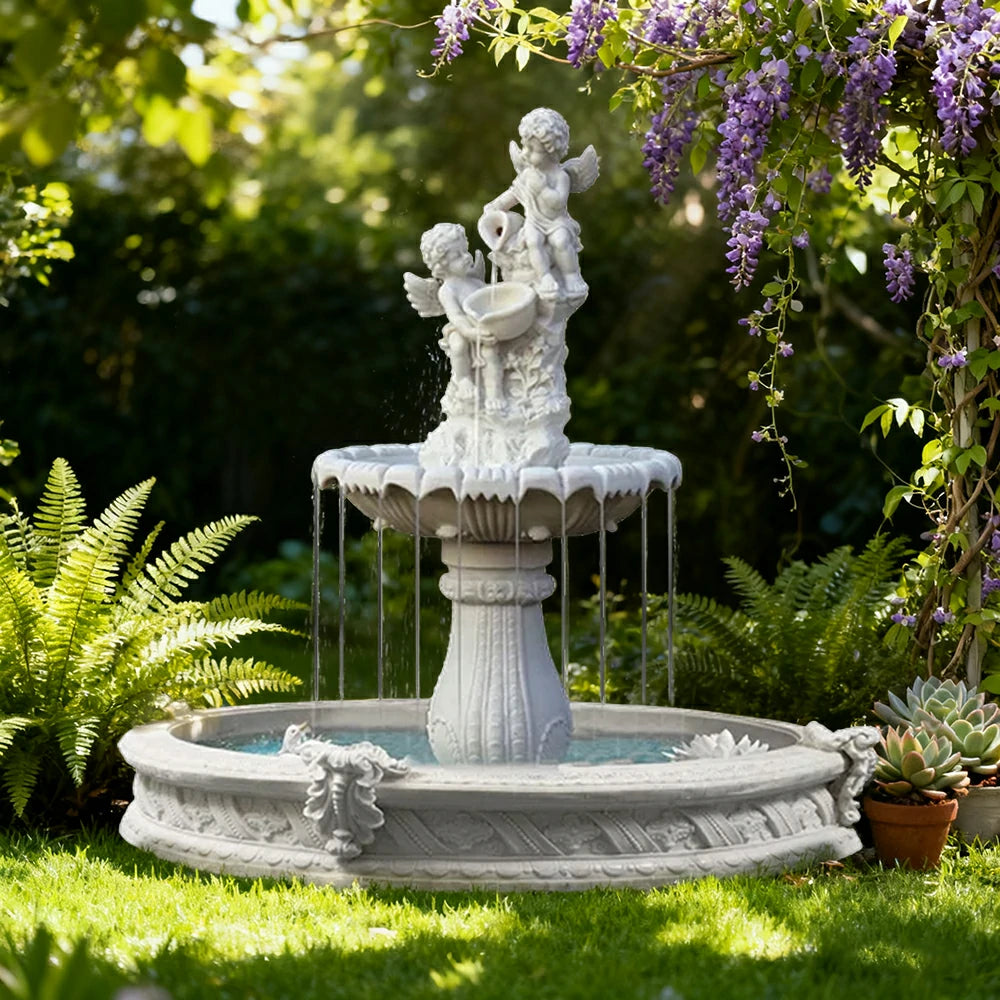 SOLARA Natural Sandstone Outdoor Fountain with 1.6m Fish Pond, Built‑In Circulation Pump, Hand‑Polished Texture, Garden Water Feature