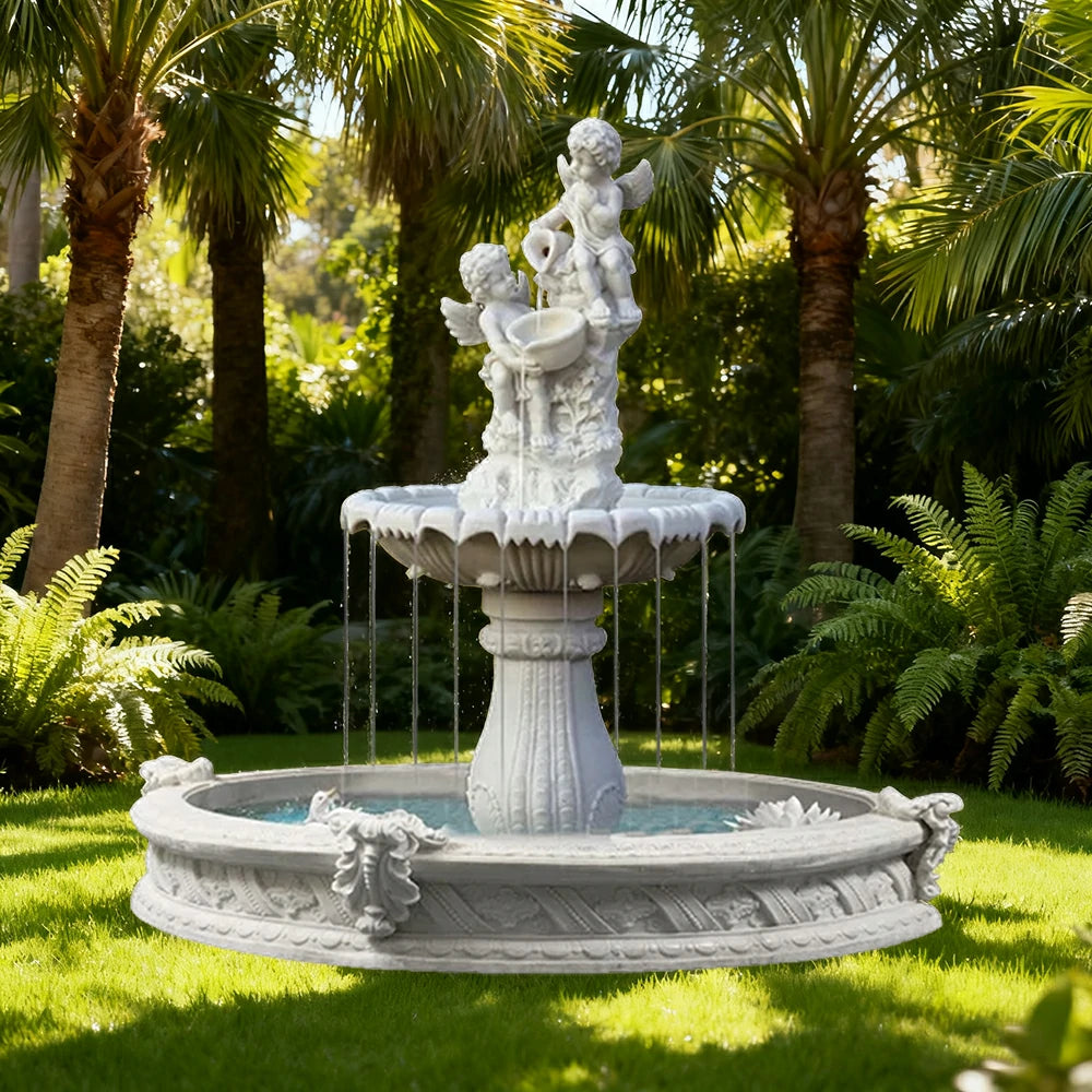 SOLARA Natural Sandstone Outdoor Fountain with 1.6m Fish Pond, Built‑In Circulation Pump, Hand‑Polished Texture, Garden Water Feature