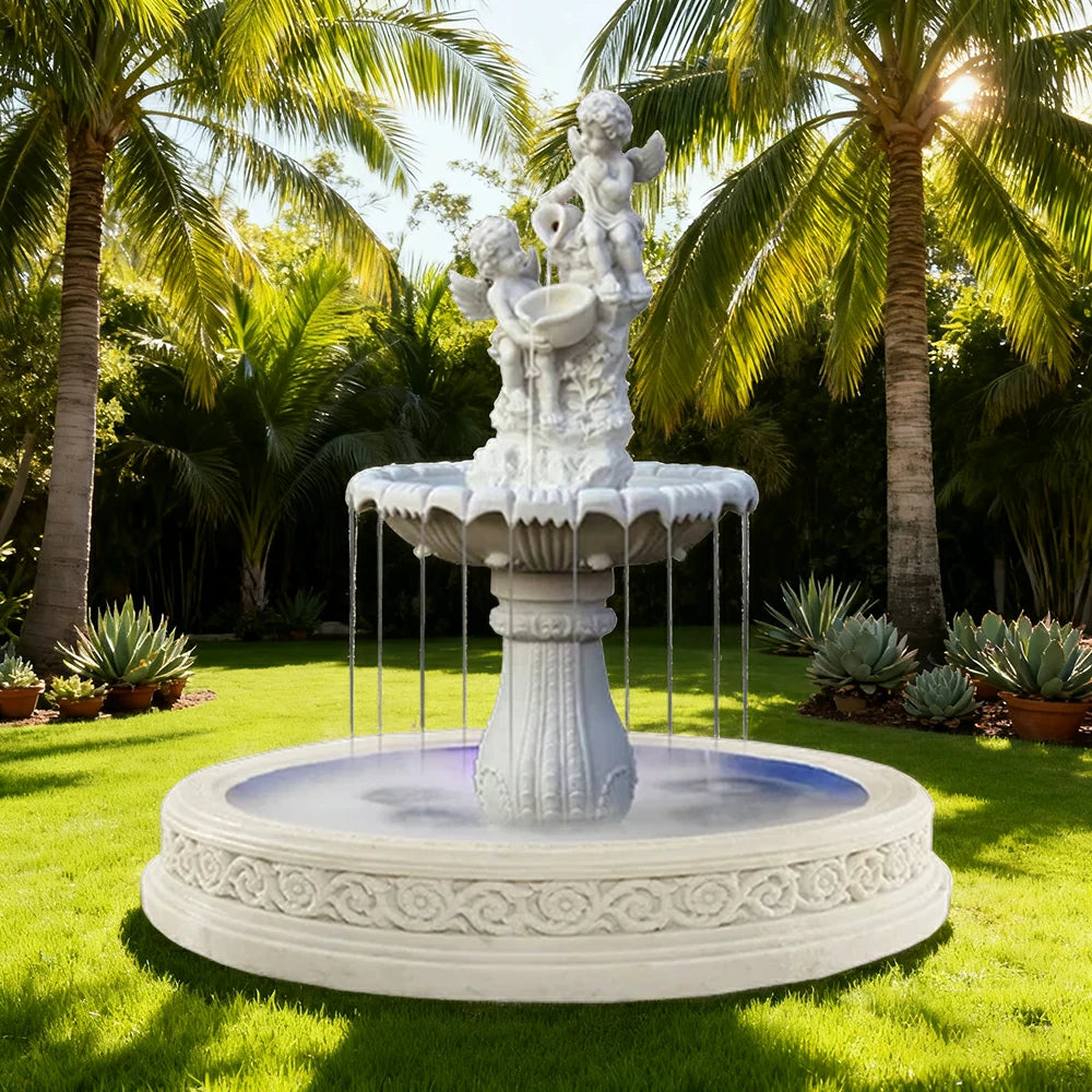 SOLARA Natural Sandstone Outdoor Fountain with 1.7m Fish Pond, Built‑In Circulation Pump, Hand‑Polished Texture, Garden Water Feature