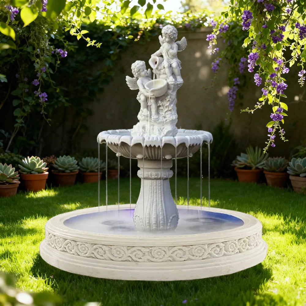 SOLARA Natural Sandstone Outdoor Fountain with 1.7m Fish Pond, Built‑In Circulation Pump, Hand‑Polished Texture, Garden Water Feature