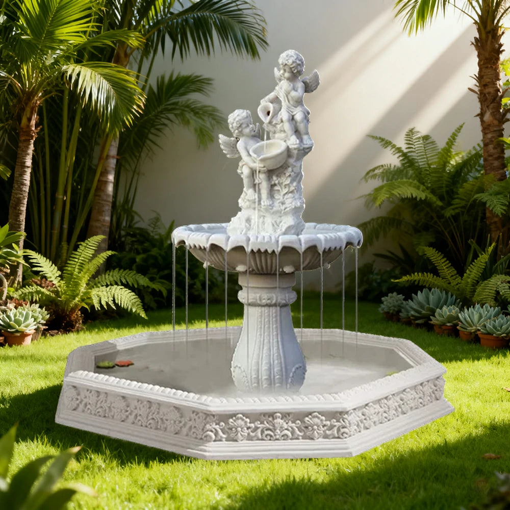 SOLARA Natural Sandstone Outdoor Fountain with 1.9m Fish Pond, Built‑In Circulation Pump, Hand‑Polished Texture, Garden Water Feature