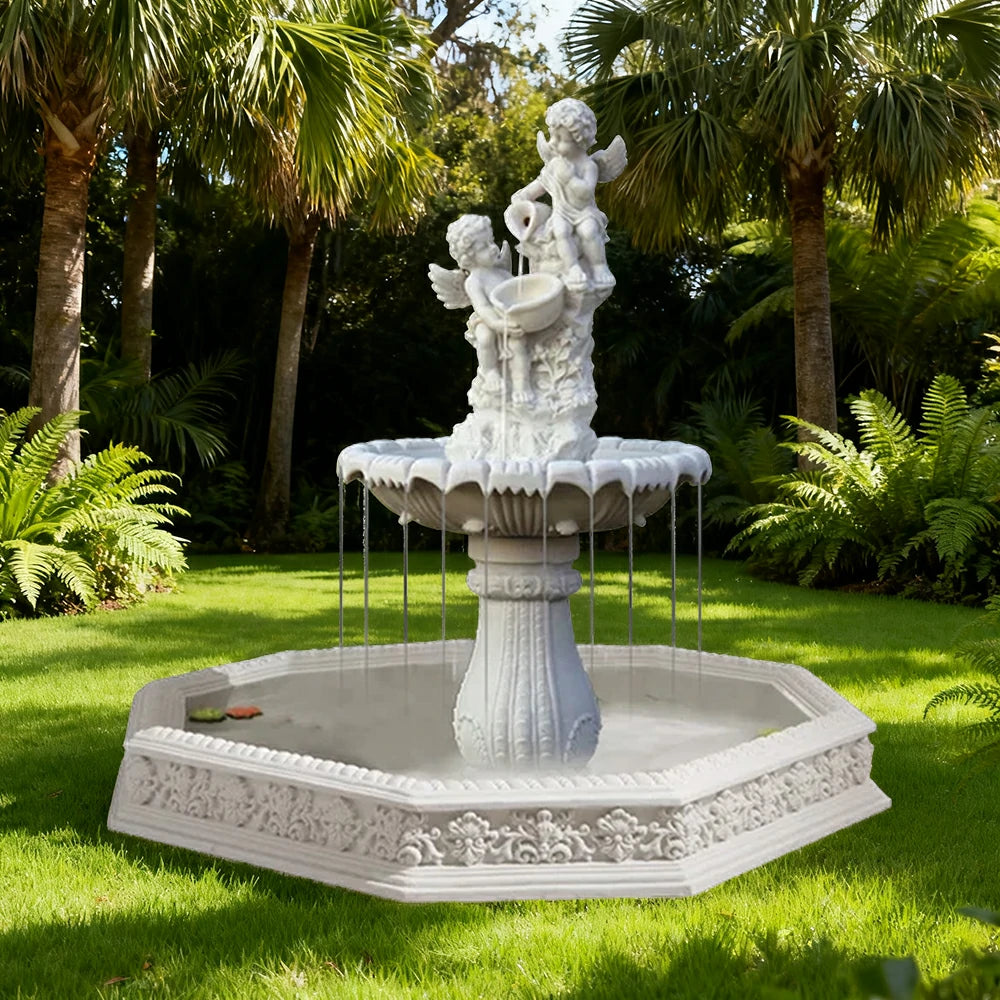 SOLARA Natural Sandstone Outdoor Fountain with 1.9m Fish Pond, Built‑In Circulation Pump, Hand‑Polished Texture, Garden Water Feature