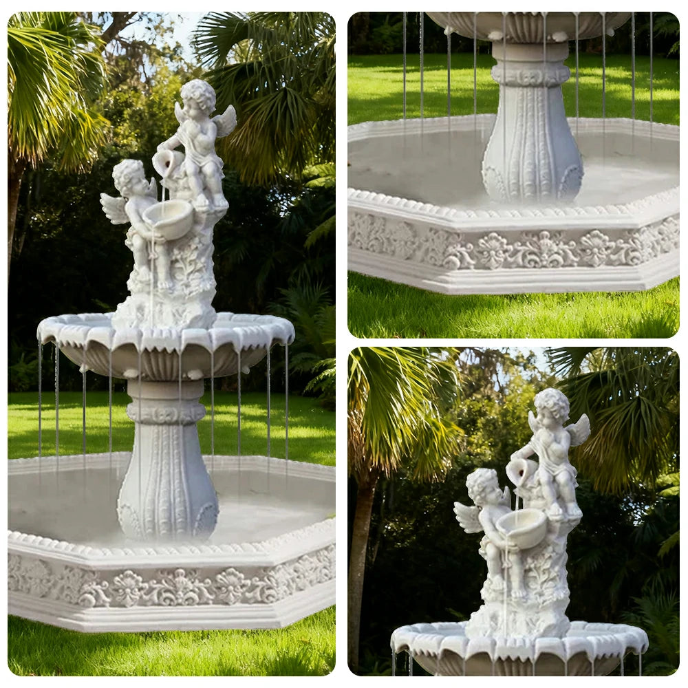 SOLARA Natural Sandstone Outdoor Fountain with 1.9m Fish Pond, Built‑In Circulation Pump, Hand‑Polished Texture, Garden Water Feature