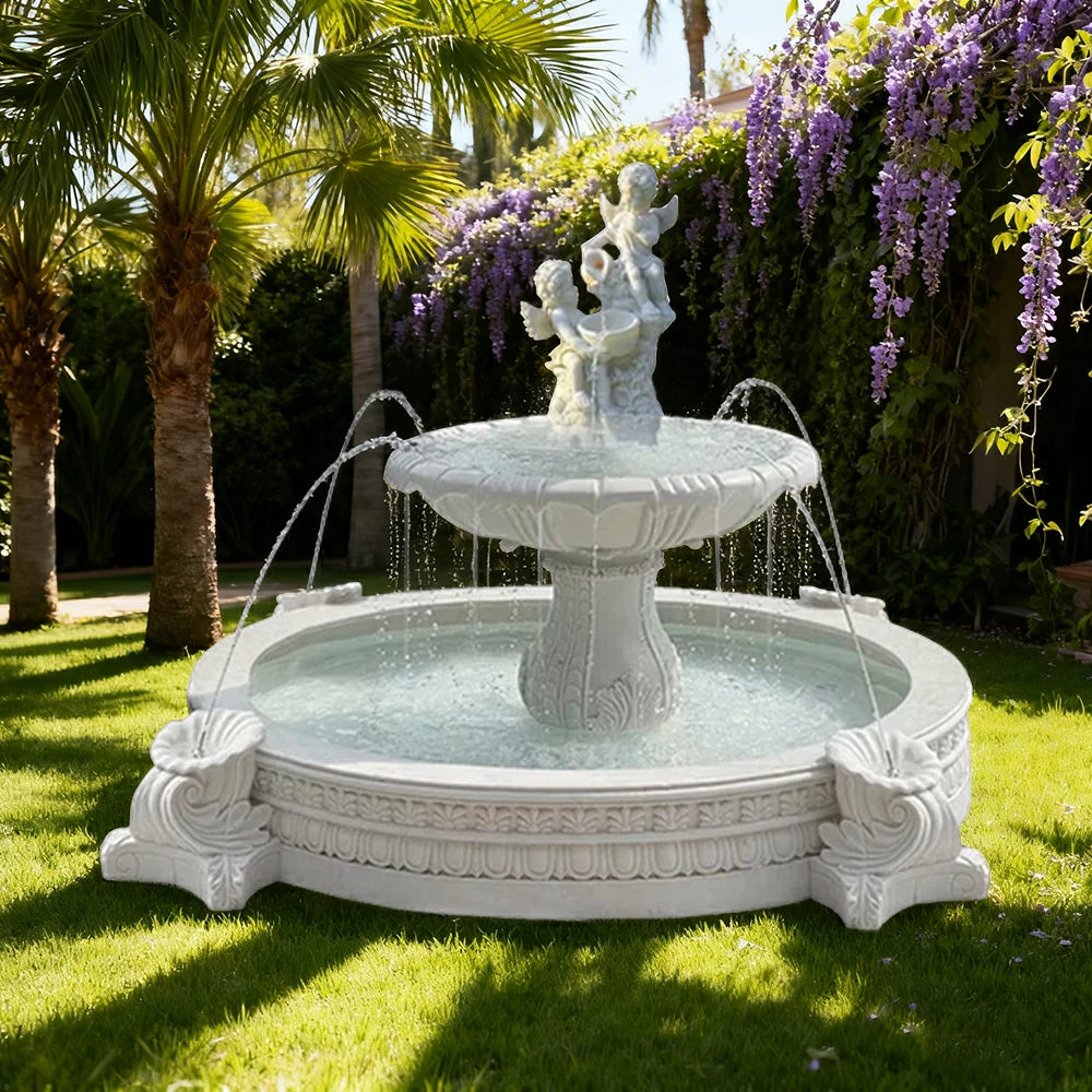 SOLARA Natural Sandstone Outdoor Fountain with 2.4m Fish Pond, Built‑In Circulation Pump, Hand‑Polished Texture, Garden Water Feature