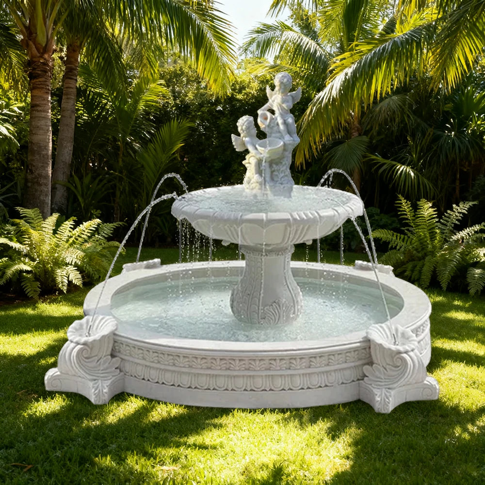 SOLARA Natural Sandstone Outdoor Fountain with 2.4m Fish Pond, Built‑In Circulation Pump, Hand‑Polished Texture, Garden Water Feature