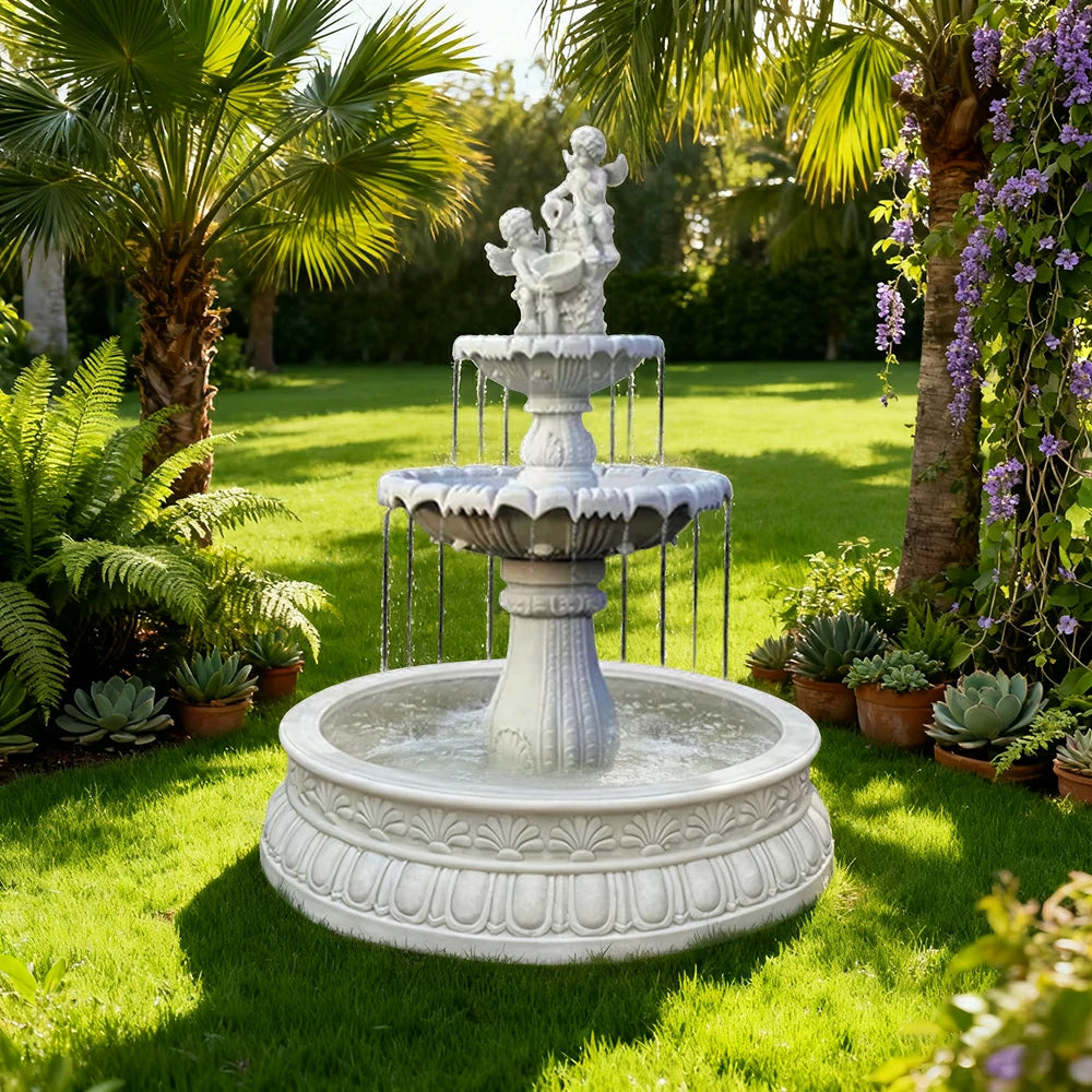 SOLARA Natural Sandstone Outdoor Fountain with 1.2m Fish Pond, Smooth Polished Surface, Clear Carved Texture, Outdoor Water Feature