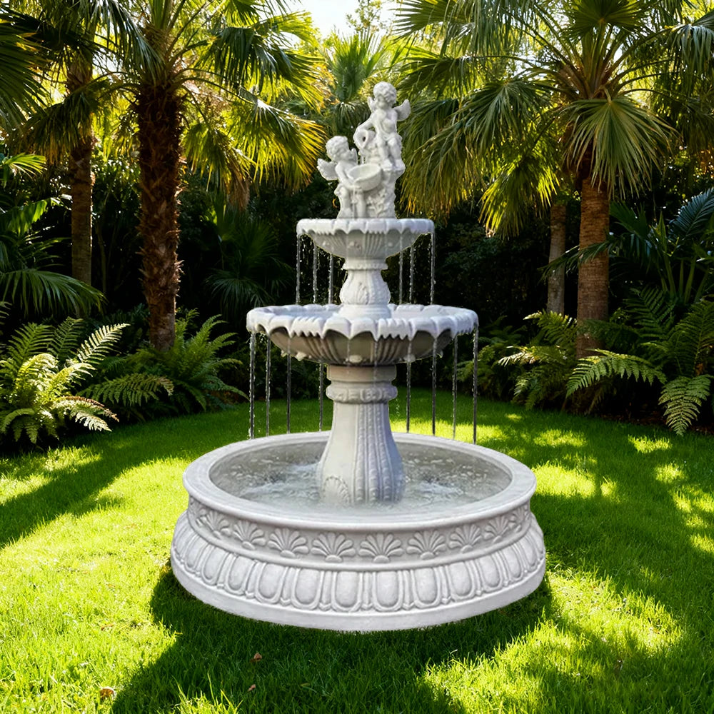 SOLARA Natural Sandstone Outdoor Fountain with 1.2m Fish Pond, Smooth Polished Surface, Clear Carved Texture, Outdoor Water Feature