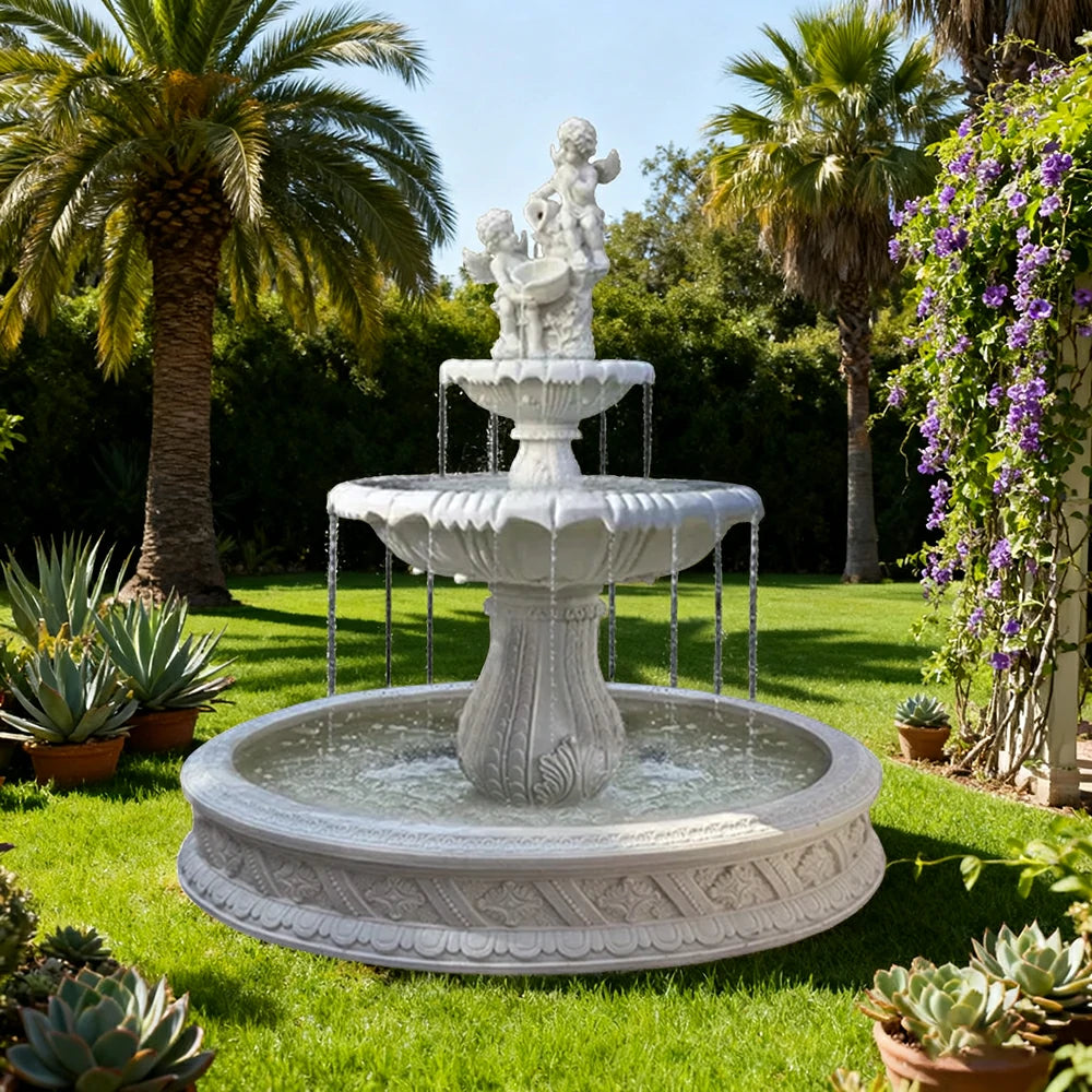 SOLARA Natural Sandstone Outdoor Fountain with 1.5m Fish Pond, Continuous Flow Pump, Natural Stone Grain, Tranquil Garden Feature