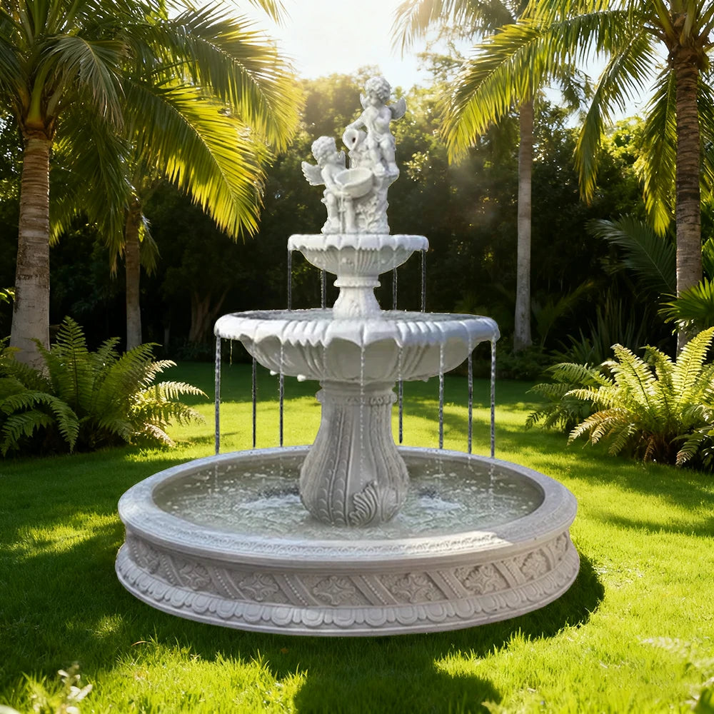 SOLARA Natural Sandstone Outdoor Fountain with 1.5m Fish Pond, Continuous Flow Pump, Natural Stone Grain, Tranquil Garden Feature