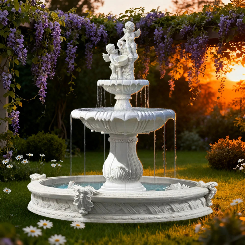 SOLARA Natural Sandstone Outdoor Fountain with 1.6m Fish Pond, Continuous Flow Pump, Natural Stone Grain, Tranquil Garden Feature