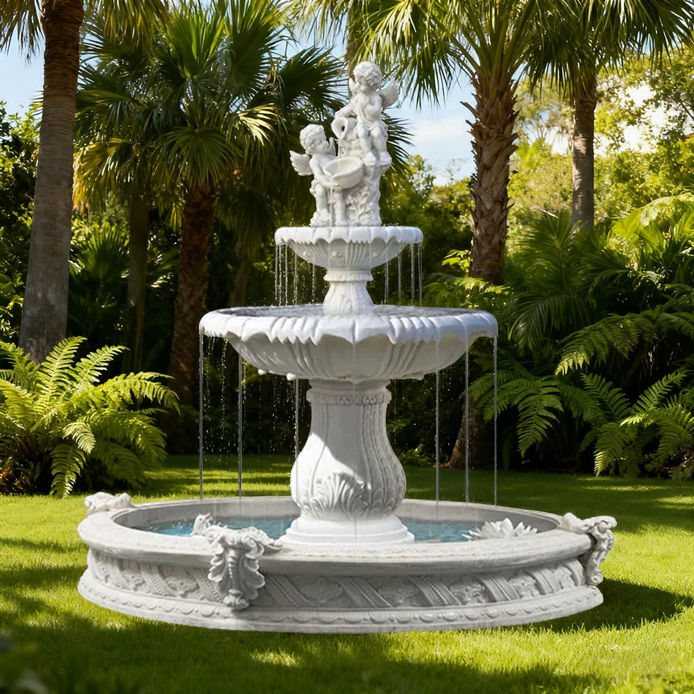 SOLARA Natural Sandstone Outdoor Fountain with 1.6m Fish Pond, Continuous Flow Pump, Natural Stone Grain, Tranquil Garden Feature