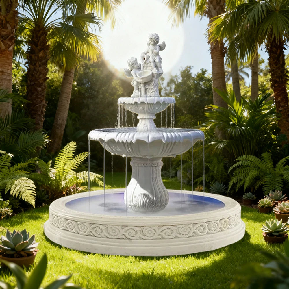 SOLARA Natural Sandstone Outdoor Fountain with 1.7m Fish Pond, Continuous Flow Pump, Natural Stone Grain, Tranquil Garden Feature