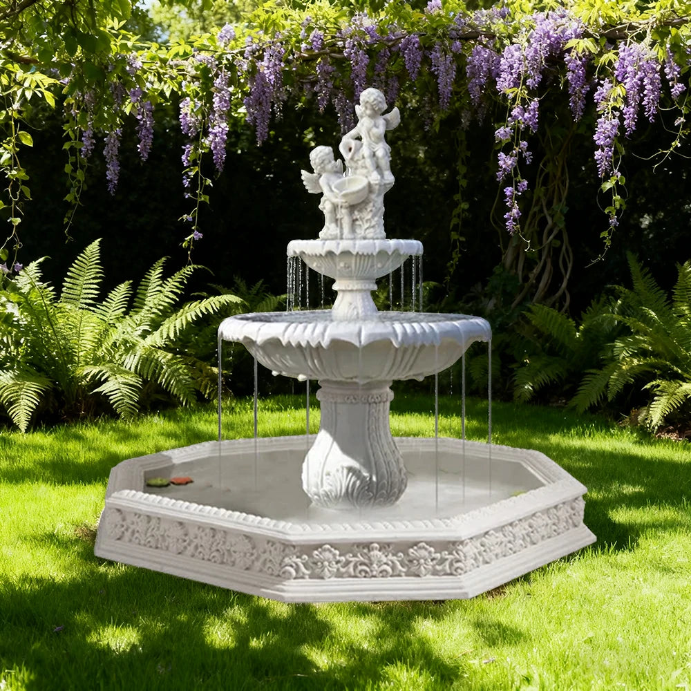 SOLARA Natural Sandstone Outdoor Fountain with 1.9m Fish Pond, Continuous Flow Pump, Natural Stone Grain, Tranquil Garden Feature