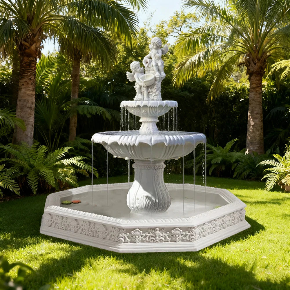 SOLARA Natural Sandstone Outdoor Fountain with 1.9m Fish Pond, Continuous Flow Pump, Natural Stone Grain, Tranquil Garden Feature