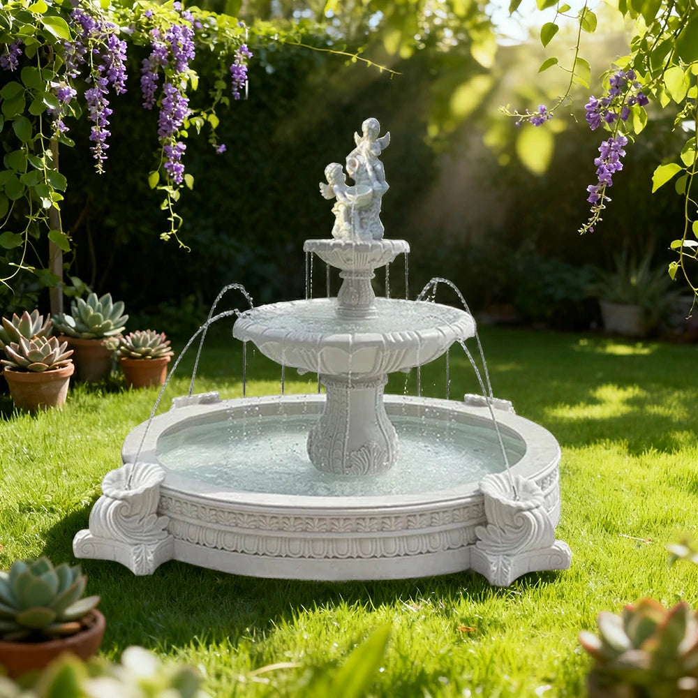 SOLARA Natural Sandstone Outdoor Fountain with 2.4m Fish Pond, Continuous Flow Pump, Natural Stone Grain, Tranquil Garden Feature