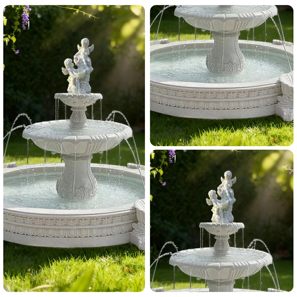 SOLARA Natural Sandstone Outdoor Fountain with 2.4m Fish Pond, Continuous Flow Pump, Natural Stone Grain, Tranquil Garden Feature