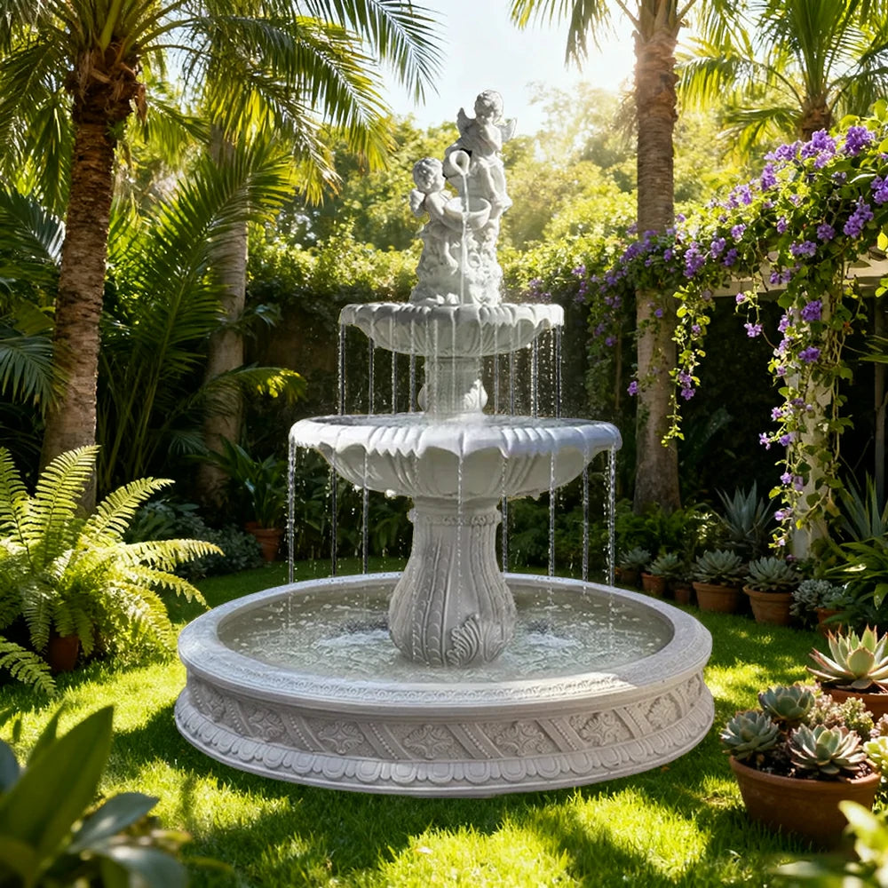 SOLARA Natural Sandstone Outdoor Fountain with 1.5m Fish Pond, Built‑In Pump, Smooth Sandstone Finish, Elegant Water Feature