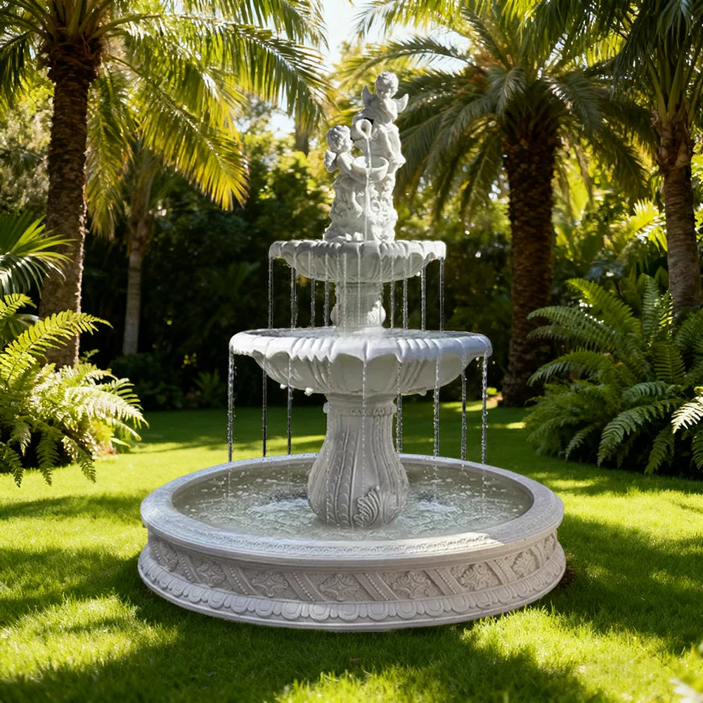 SOLARA Natural Sandstone Outdoor Fountain with 1.5m Fish Pond, Built‑In Pump, Smooth Sandstone Finish, Elegant Water Feature