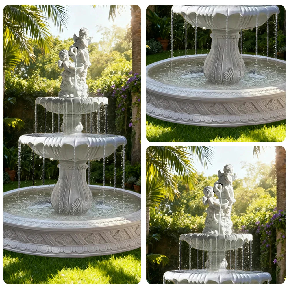 SOLARA Natural Sandstone Outdoor Fountain with 1.5m Fish Pond, Built‑In Pump, Smooth Sandstone Finish, Elegant Water Feature