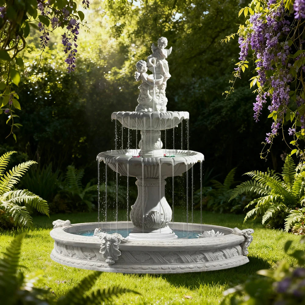 SOLARA Natural Sandstone Outdoor Fountain with 1.6m Fish Pond, Built‑In Pump, Smooth Sandstone Finish, Elegant Water Feature