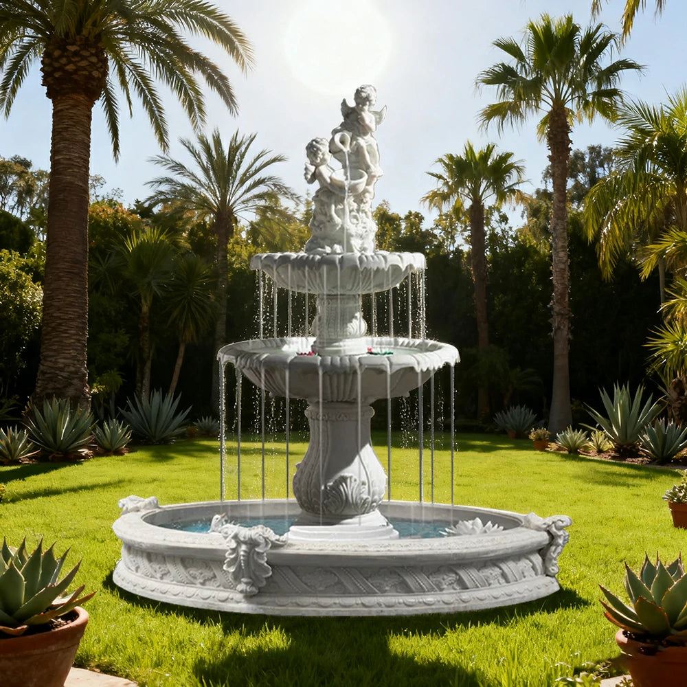 SOLARA Natural Sandstone Outdoor Fountain with 1.6m Fish Pond, Built‑In Pump, Smooth Sandstone Finish, Elegant Water Feature