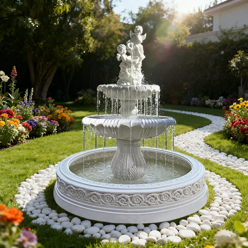 SOLARA Natural Sandstone Outdoor Fountain with 1.7m Fish Pond, Built‑In Pump, Smooth Sandstone Finish, Elegant Water Feature