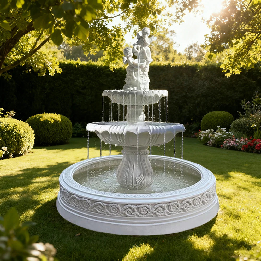 SOLARA Natural Sandstone Outdoor Fountain with 1.7m Fish Pond, Built‑In Pump, Smooth Sandstone Finish, Elegant Water Feature